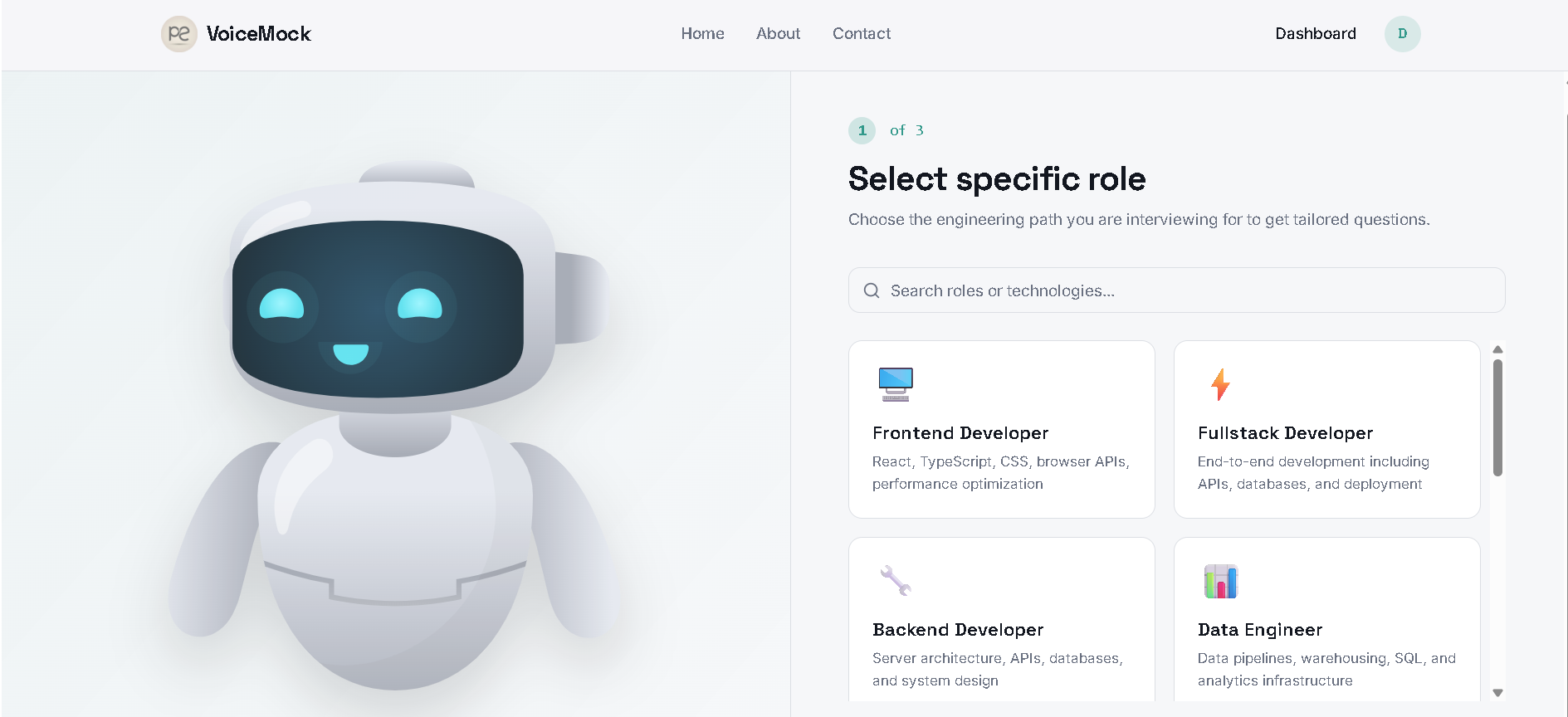 VoiceMock role selection screen